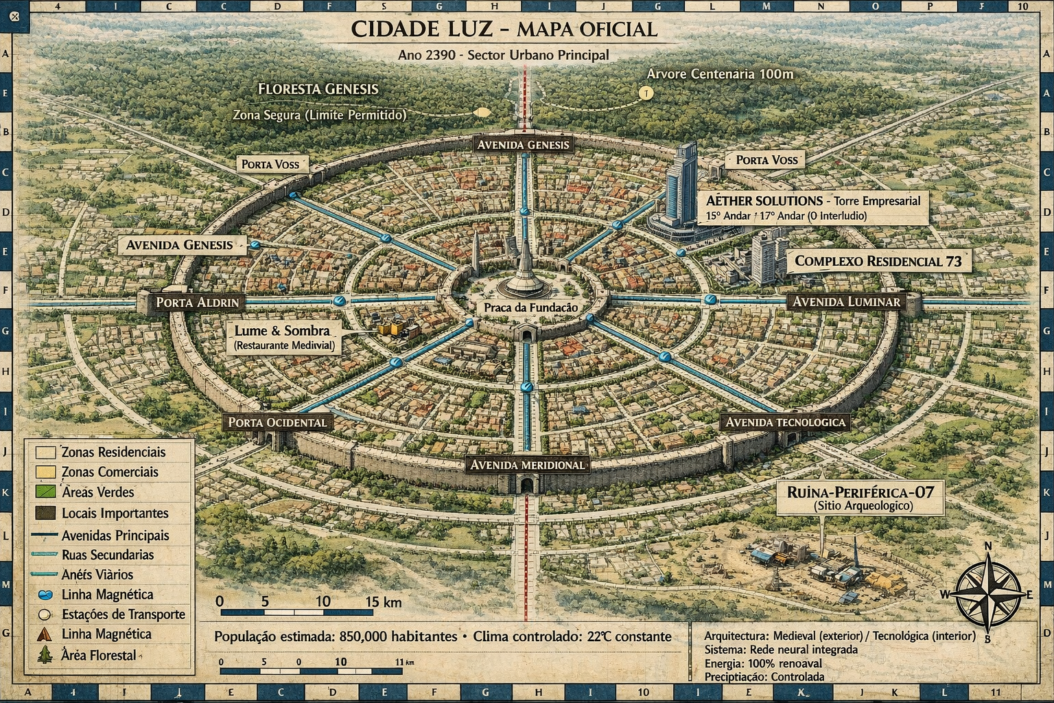 Esboço técnico conceptual do mundo de VOSS: GENESIS — Cidade de Luz e Floresta Genesis